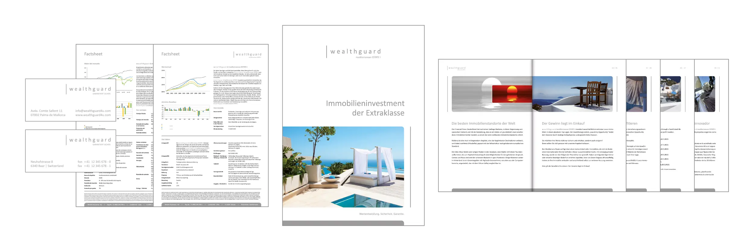 corporate design für schweizer immobilien investment unternehmen mit medien geschäftsausstattung, visitenkarten, sales factsheets und mehrsprachige broschüre als imageprospekt