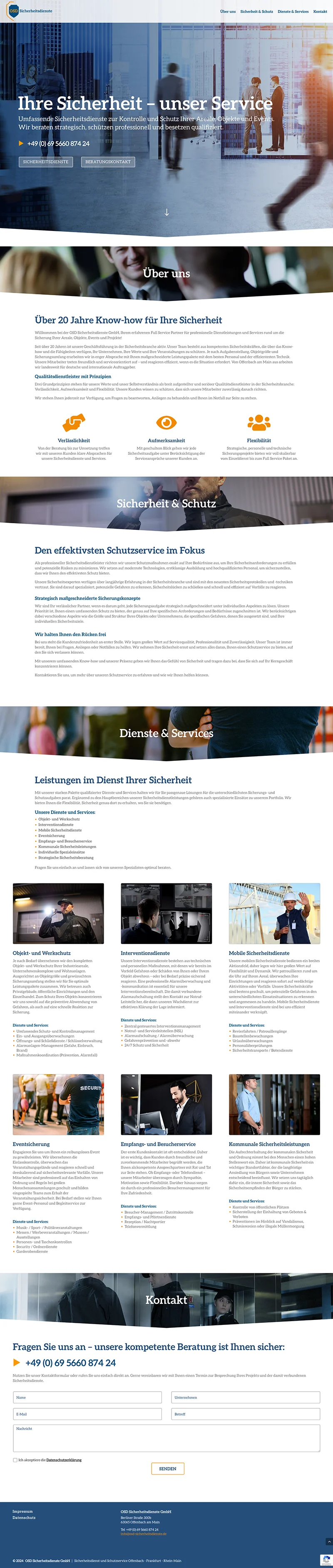 onepager website design für sicherheitsdienst und schutzservices mit seo der headlines, texte und bilder