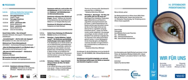 veranstaltungsfaltblatt mit programm als leporello für das präventionsprojekt der stadt gegen gewalt, seite 1